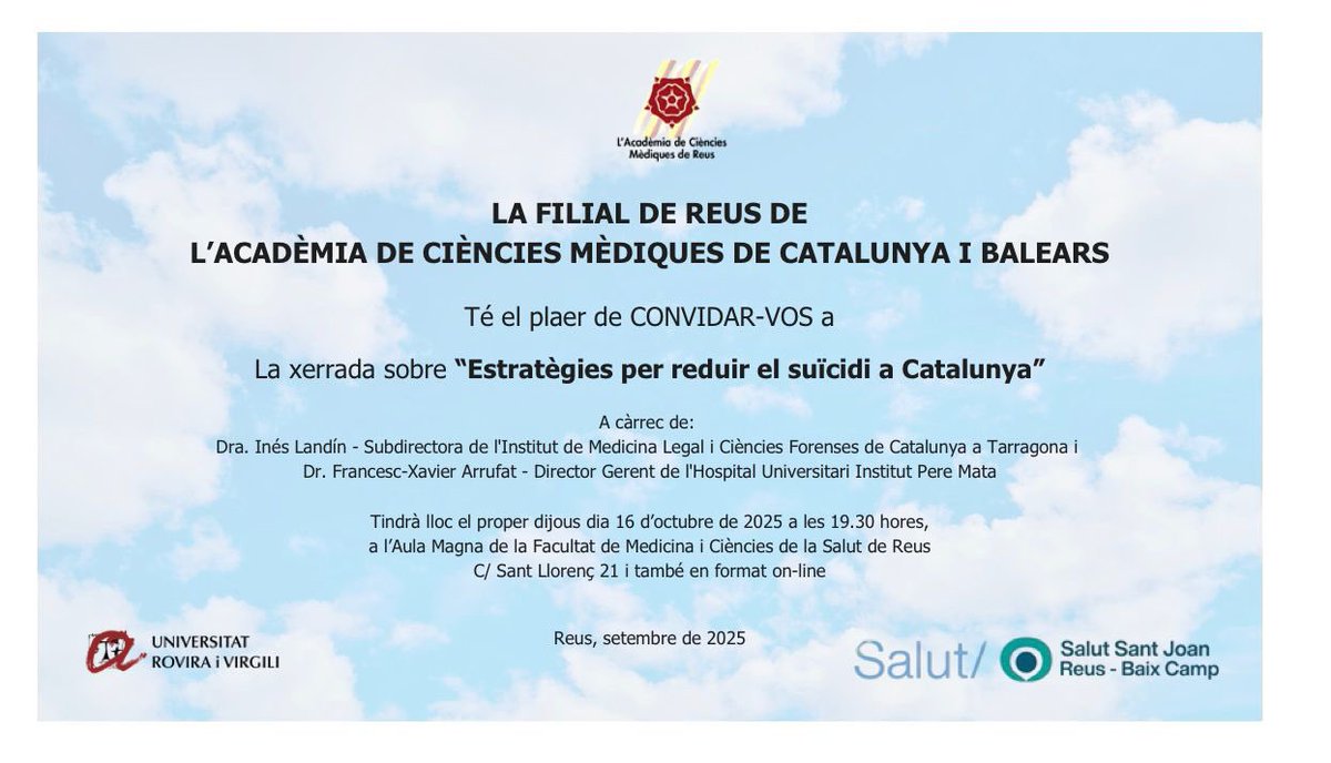 Eneko Barberia (@eneko70) on Twitter photo 👩🏫Participació de la Dra. Ines Landin, subdirectora a Tarragona del #IMLCFC, amb el director de l’Institut Pere Mata, en la xerrada “Estratègies per reduir el #suïcidi a Catalunya” , organitzada x la filial de #Reus de l’Academia i moderada x <a href="/ElisabetVilella/">Elisabet Vilella</a> 👩🏫Participació de la Dra. Ines Landin, subdirectora a Tarragona del #IMLCFC, amb el director de l’Institut Pere Mata, en la xerrada “Estratègies per reduir el #suïcidi a Catalunya” , organitzada x la filial de #Reus de l’Academia i moderada x <a href="/ElisabetVilella/">Elisabet Vilella</a>