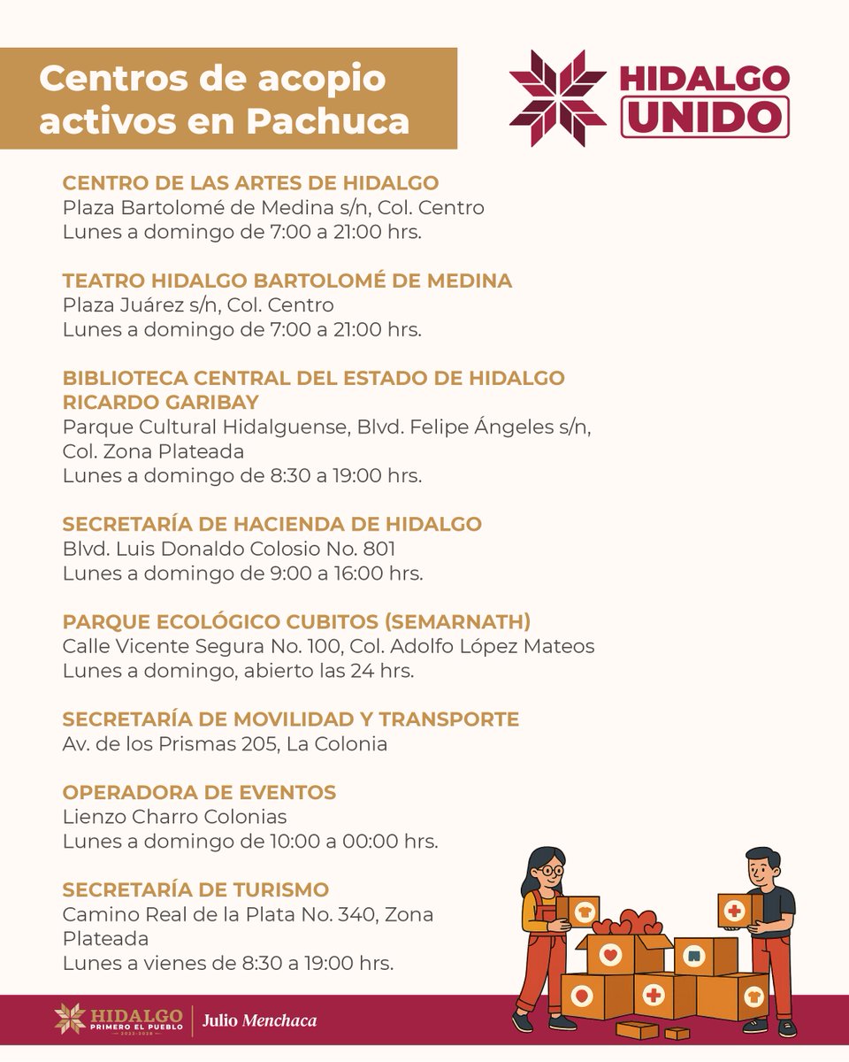 CronicaHidalgo's tweet image. ¡Tu ayuda puede marcar la diferencia!
Muchas familias en #Hidalgo han sido afectadas por las intensas lluvias. 

Acude a los Centros de Acopio en Pachuca y dona:
Alimentos no perecederos
Ropa limpia y en buen estado
Artículos de higiene personal

La ayuda de todos cuenta.