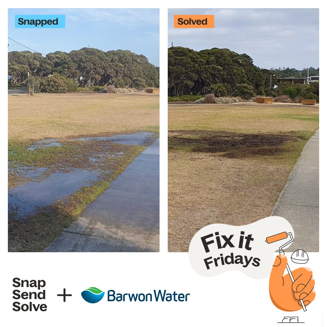 SnapSendSolve's tweet image. This week’s Fix-It Friday goes to @BarwonWater for sorting this soggy situation.

A water leak had turned this field into a shallow lake, but not in the fun, summer-swim kind of way.

#FixItFriday #BarwonWater #SnapSendSolve