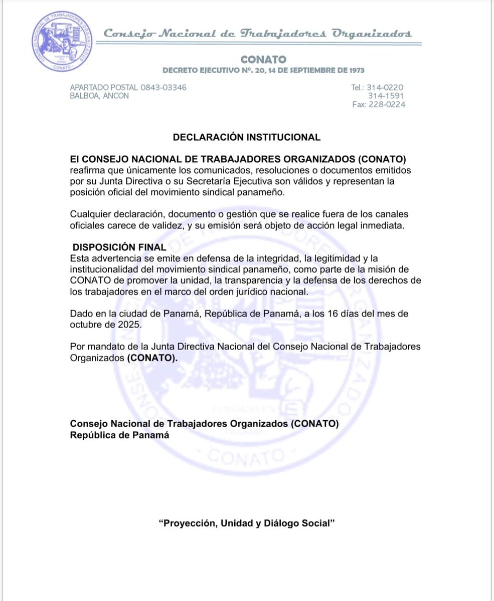Comunicado Oficial a La Nación Panameña.