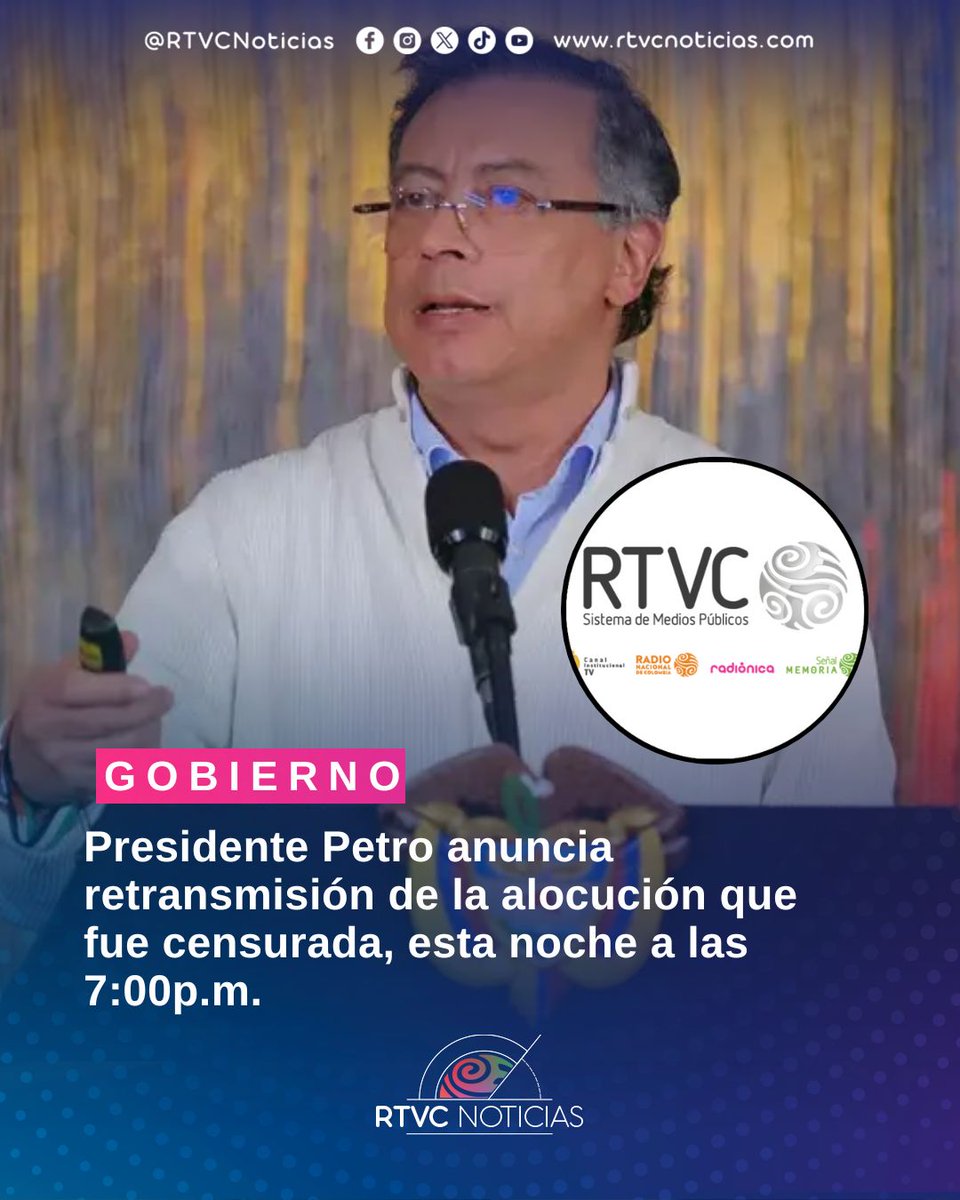 Mi rechazo total a la censura al Presidente <a href="/petrogustavo/">Gustavo Petro</a>. No es posible que se le niegue a un Presidente hablar por televisión nacional. ¿A qué le temen? Es totalmente antidemocrático arbitrario. 

Vamos todos a las 7pm por <a href="/RTVC/">RealityTVCalendar</a> a conectarnos, el Presidente dará un mensaje muy