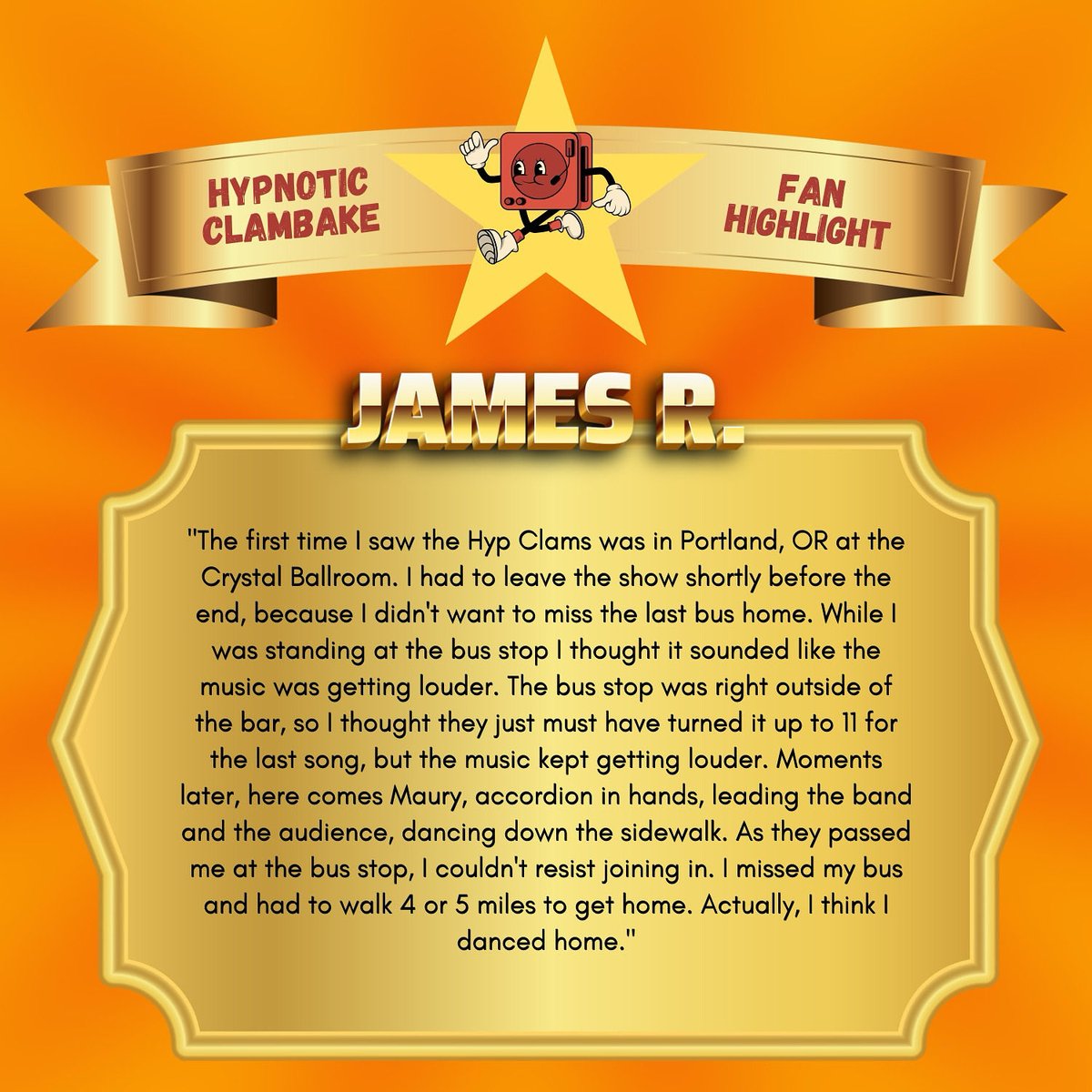 HClambake's tweet image. We present to you our first Hypnotic Clambake Fan Highlight! Thank you James R. for your submission! What a wild time it was! Want to be the next Fan Highlight? Share your greatest story related to Hypnotic Clambake to info.hypnoticclambake@gmail.com for a chance to be featured!