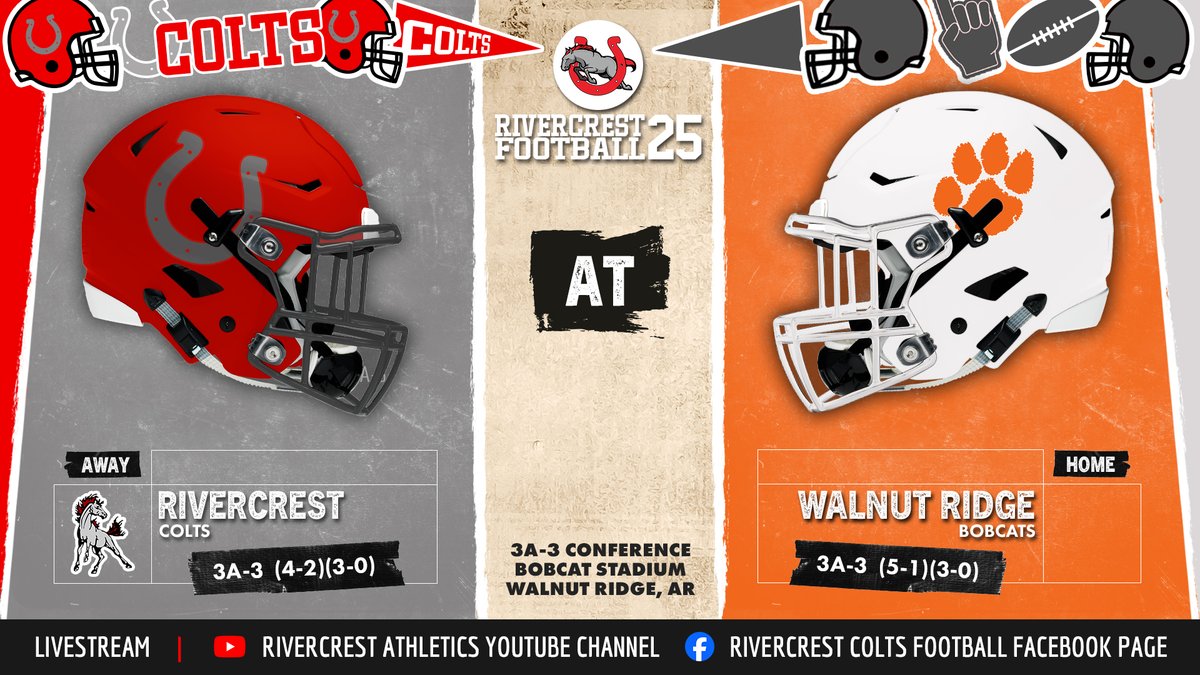 Rivercrest (4-2, 3-0) hits the road for a big 3A-3 conference clash at Walnut Ridge (5-1, 3-0). Both teams are undefeated in conference. Kickoff is 7:00pm — expect a battle.

Livestream:
🎥 YouTube ➡️ youtube.com/@rivercrestath…
📺 Facebook ➡️ facebook.com/RivercrestColt…
