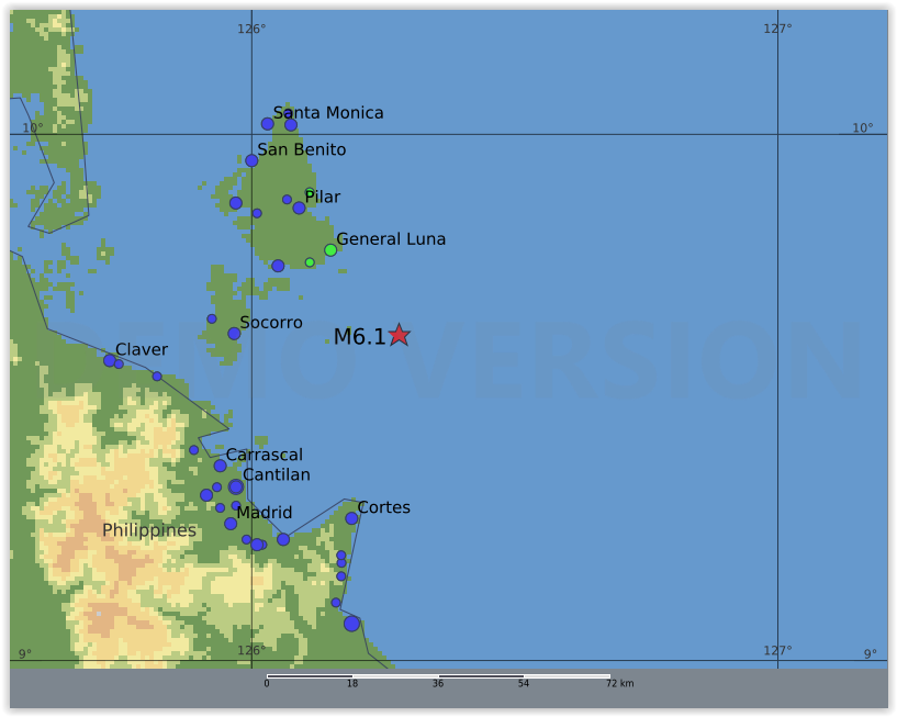 QLARM's tweet image. EARTHQUAKE M6.1. Origin Time: 2025-10-16 23:03:12 UTC, Mindanao, Philippine Islands (9.6199 ; 126.28), Depth: 10.0 km, (source(s): GFZ). Estimated fatalities: 0 to 10, injured: 0 to 50