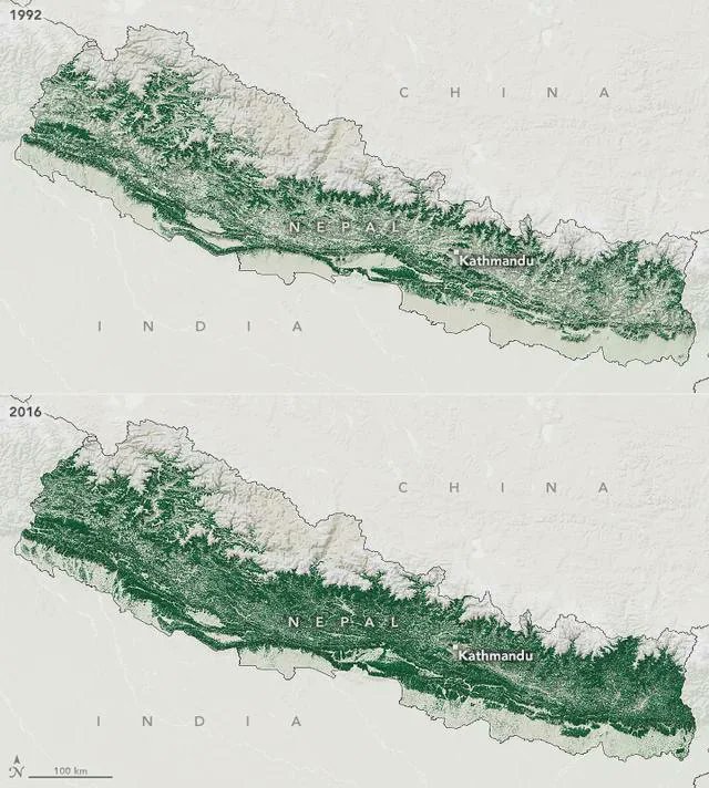 Nepal's forest area in 1992 vs 2016