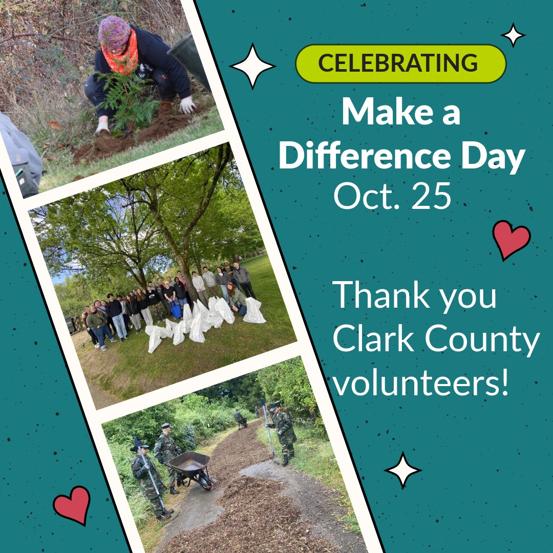 Happy Make a Difference Day to all the wonderful volunteers across Clark County. Thank you for all that you do! 📷

If you are interested in volunteering, you can view upcoming volunteer events at clark.wa.gov/public-works/v….
