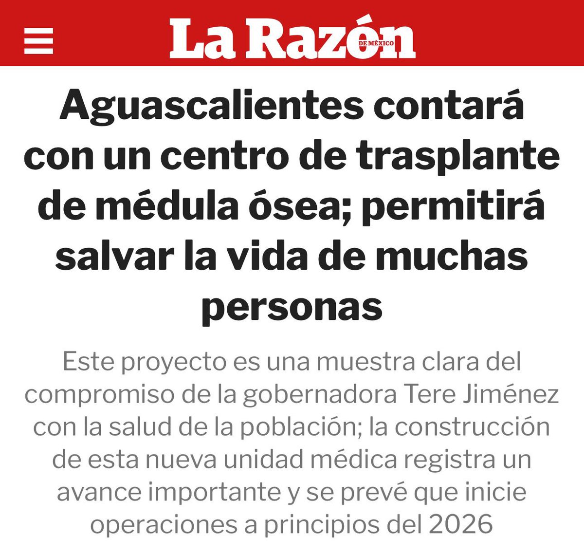 Aguascalientes contará con un Centro de Trasplantes de Médula Ósea en el Centenario Hospital Miguel Hidalgo.
<a href="/TereJimenezE/">Tere Jiménez</a>