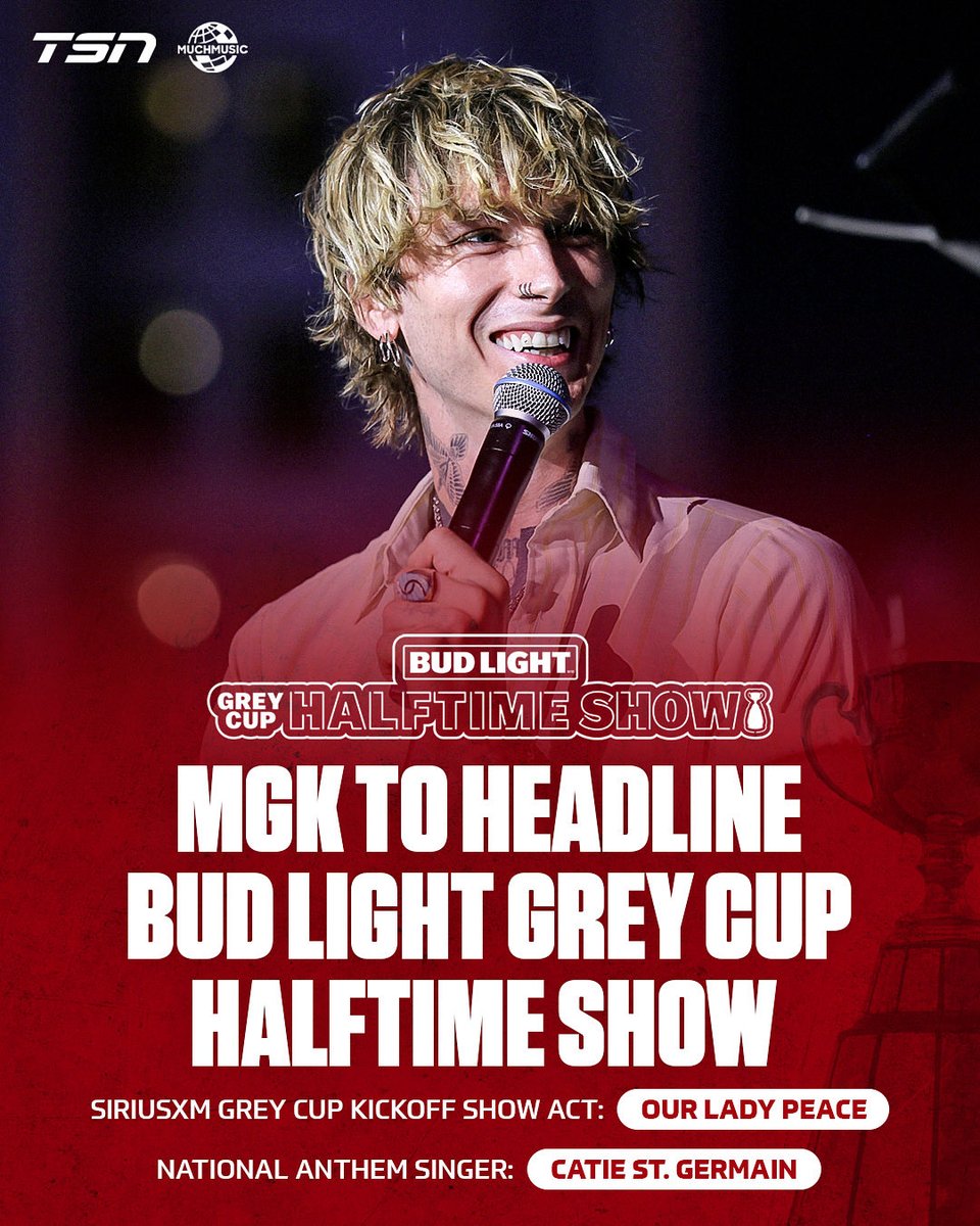 TSN_Sports's tweet photo. IT'S GOING TO BE A ROCKIN' NIGHT! 🕺💃

MGK has been announced as the Bud Light Grey Cup Halftime Show performer, taking the stage in Winnipeg for the 112th #GreyCup! 🔥

Our Lady Peace will start things off with the SiriusXM Grey Cup Kickoff Show, while Catie St.Germain will be performing the national anthem! 🪩

@siriusxmcanada @CFL