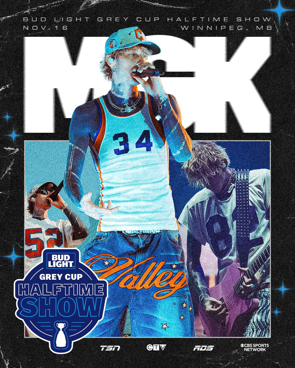CFL's tweet image. MGK. 

WINNIPEG. 

BUD LIGHT #GREYCUP HALFTIME SHOW. LET'S GO! 

@MachineGunKelly