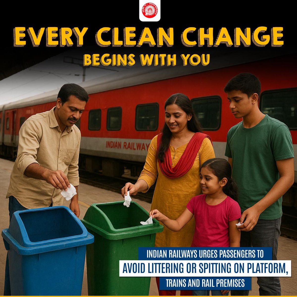 RailMinIndia's tweet image. Cleanliness is everyone’s ticket to a pleasant journey!
Indian Railways urges all passengers to uphold hygiene & cleanliness across platforms, trains and Railway premises, joining the effort to be a #ResponsibleRailYatri #SpecialCampaign5.0 #SCDPM5.0