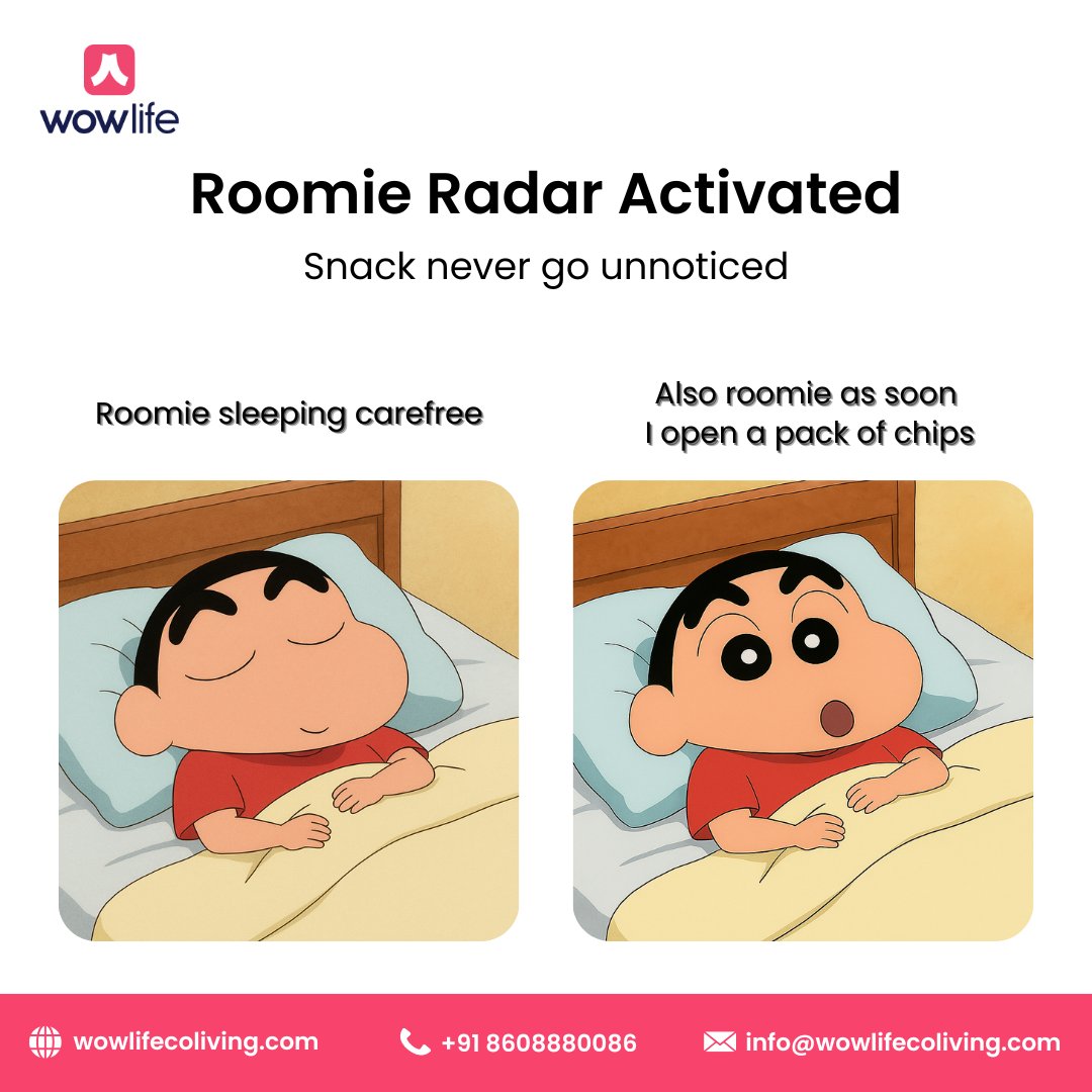 We all have that one roommate with supernatural snack-sensing powers 🤭
At WowLife, you’ll find roommates who make life fun.

👇Tag your snack-stealer roommate below!
📞 +91 63851 25430
🌐 wowlifecoliving.com

#wowlifecoliving #funnyroommates #snacktime #pginchennai