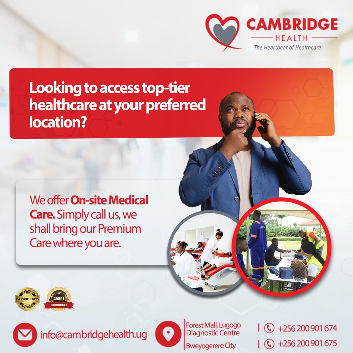 You don’t always have to come to us. 
We can bring our top-notch medical care right where you are. 
 
Contact us via 0200 901 675 for our On-site Medical Care.  
 
#TuliwoKululwo #OnSiteMedicalCare