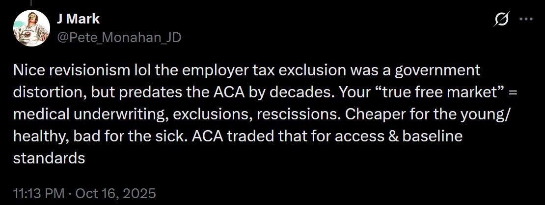 Unixsystem13's tweet image. Got blocked after this so couldn't reply. "Health insurance was cheaper for the healthy and more expensive for the sick, the ACA changed that" is a perfect indictment of the ACA and why it needs to be removed.