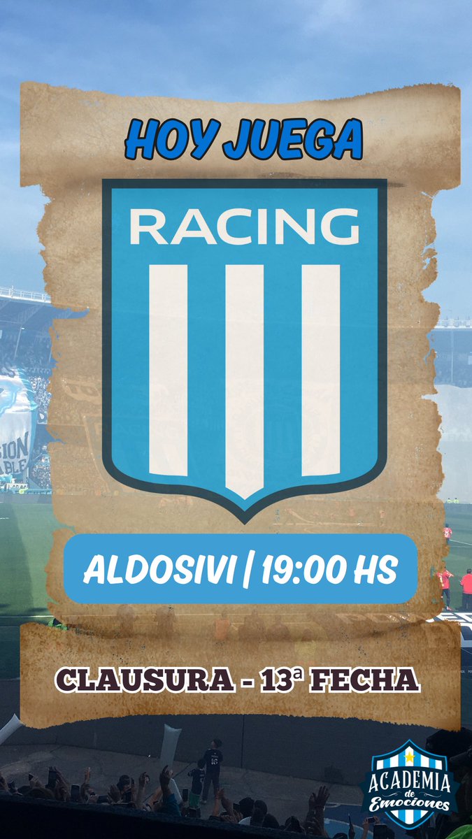 #Clausura2025 | 13ª FECHA 

¡¡¡HOY JUEGA RACING!!!

#RacingClub vs. Aldosivi 

🏟 Presidente Perón 
⌚️ 19:00 hs
👤 Sebastián Zunino