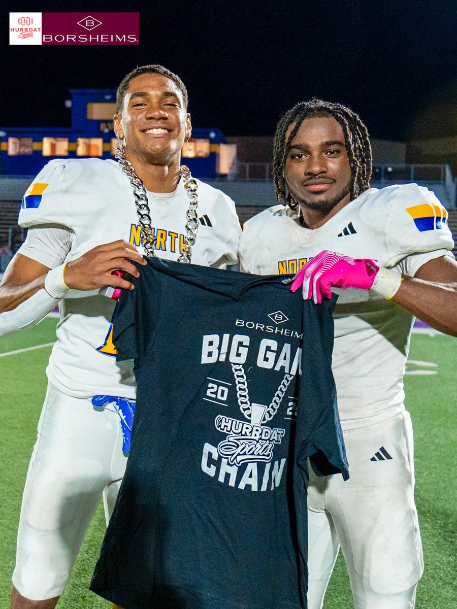 BIG GAME CHAIN = <a href="/JaronCannonJr/">Jaron Cannon Jr.</a> &amp; <a href="/dar11on/">Darion jones</a> 🥶

Cannon rushed for two touchdowns and had the game-sealing interception while Jones caught a touchdown and had a pick-six in Omaha North’s 41-20 road win at Bellevue West. 

@borsheims | #nebpreps
