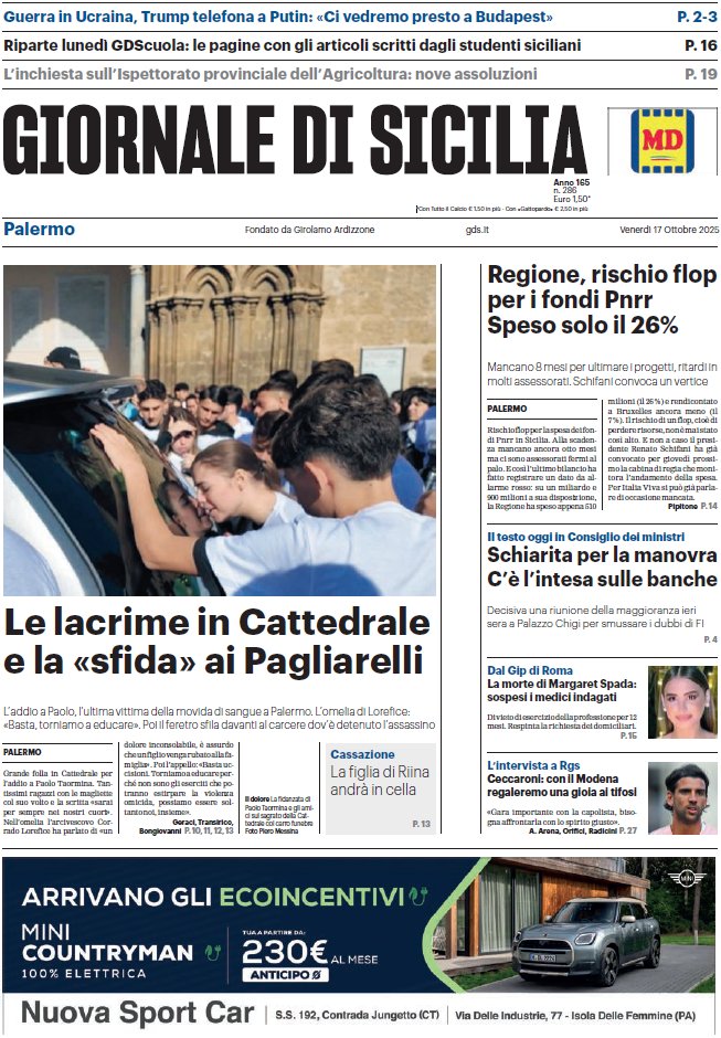 La prima pagina del Giornale di Sicilia. Accedi al giornale digitale
abbonamenti.it/edicola/giorna…

📰 Oggi in edicola 👇

📌 Le lacrime in Cattedrale e la «sfida» ai Pagliarelli

📌Regione, rischio flop per i fondi Pnrr

📌 Ceccaroni: con il Modena regaleremo una gioia ai tifosi