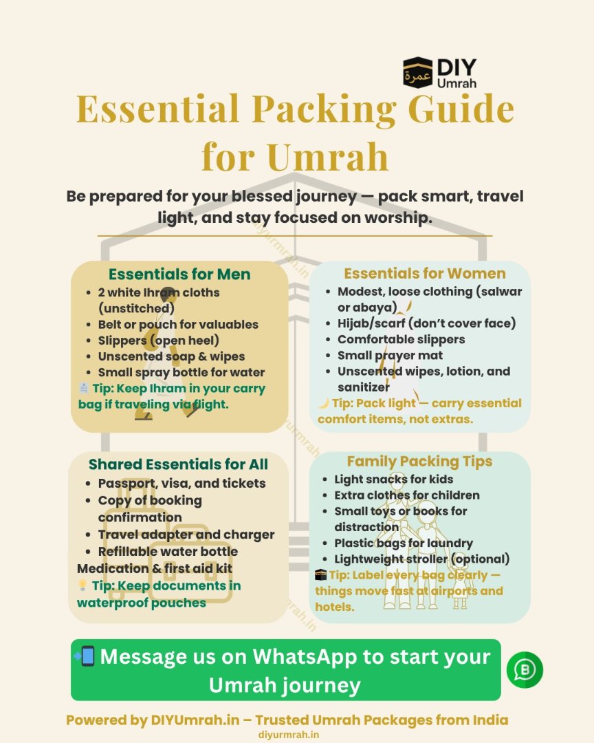 diyumrahIN's tweet image. Forgot your charger? Too many/too few clothes?
 Our Umrah Packing Guide covers you—from Ihram and abaya to snack boxes, child must-haves, and travel documents. #DIYUmrah #UmrahPackingList #ReadyToTravel #PilgrimEssentials #PackSmart #FamilyUmrah #Checklists #TravelReady