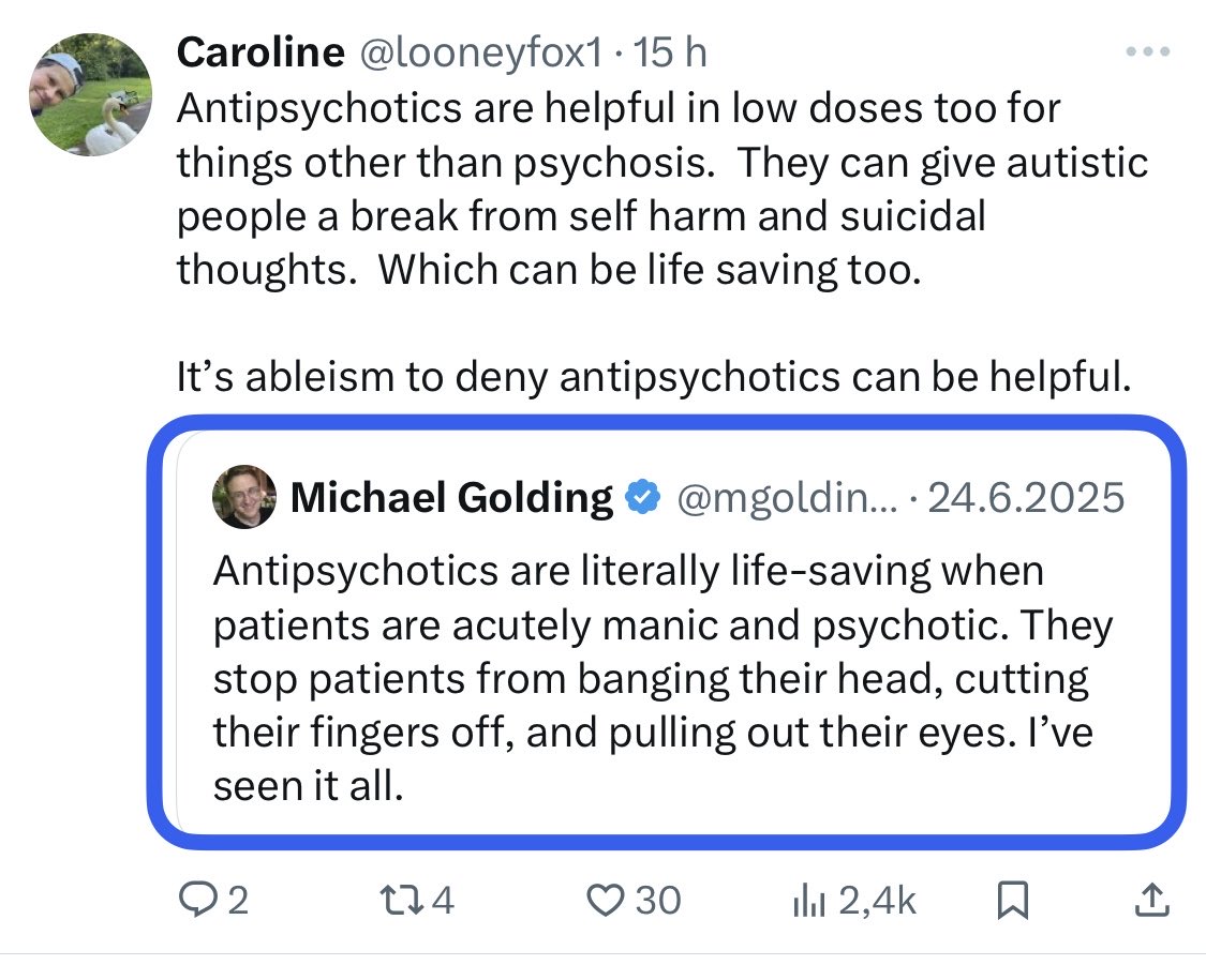 This is the reason so often used to justify antipsychotics but how many people have actually been prescribed them for this reason?