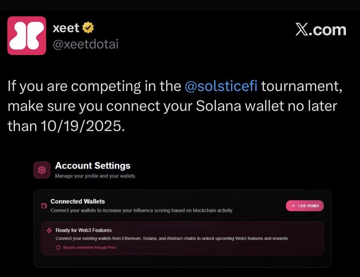 been watching how <a href="/xeetdotai/">xeet</a> communicates clean direct and transparent 🥲

they literally tell you what to do (add wallet) when to do it (specific date), and what you’ll get (payouts from <a href="/solsticefi/">Solstice</a>

some projects could really learn from that. lost too many rewards before just
