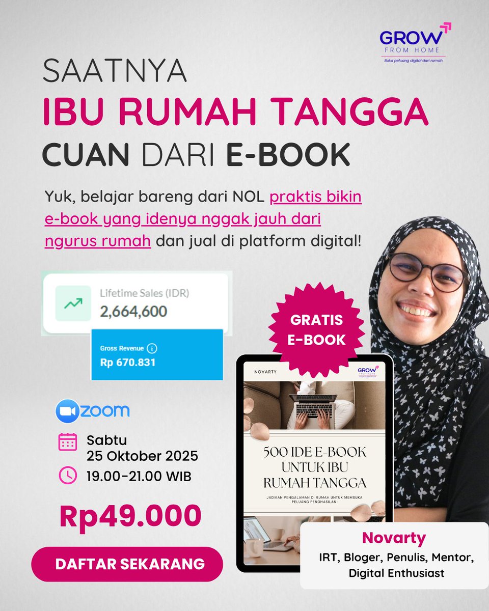 Yuk, belajar bareng. Saatnya emak-emak punya penghasilan sendiri dari ebook 😉

Jangan lupa download ebook GRATIS-nya juga ya. Banyak banget ide dari keseharian kita di rumah yang menarik dijadikan ebook 🤗

Daftar di sini 👇
growfromhome.id/kelas-praktis-…