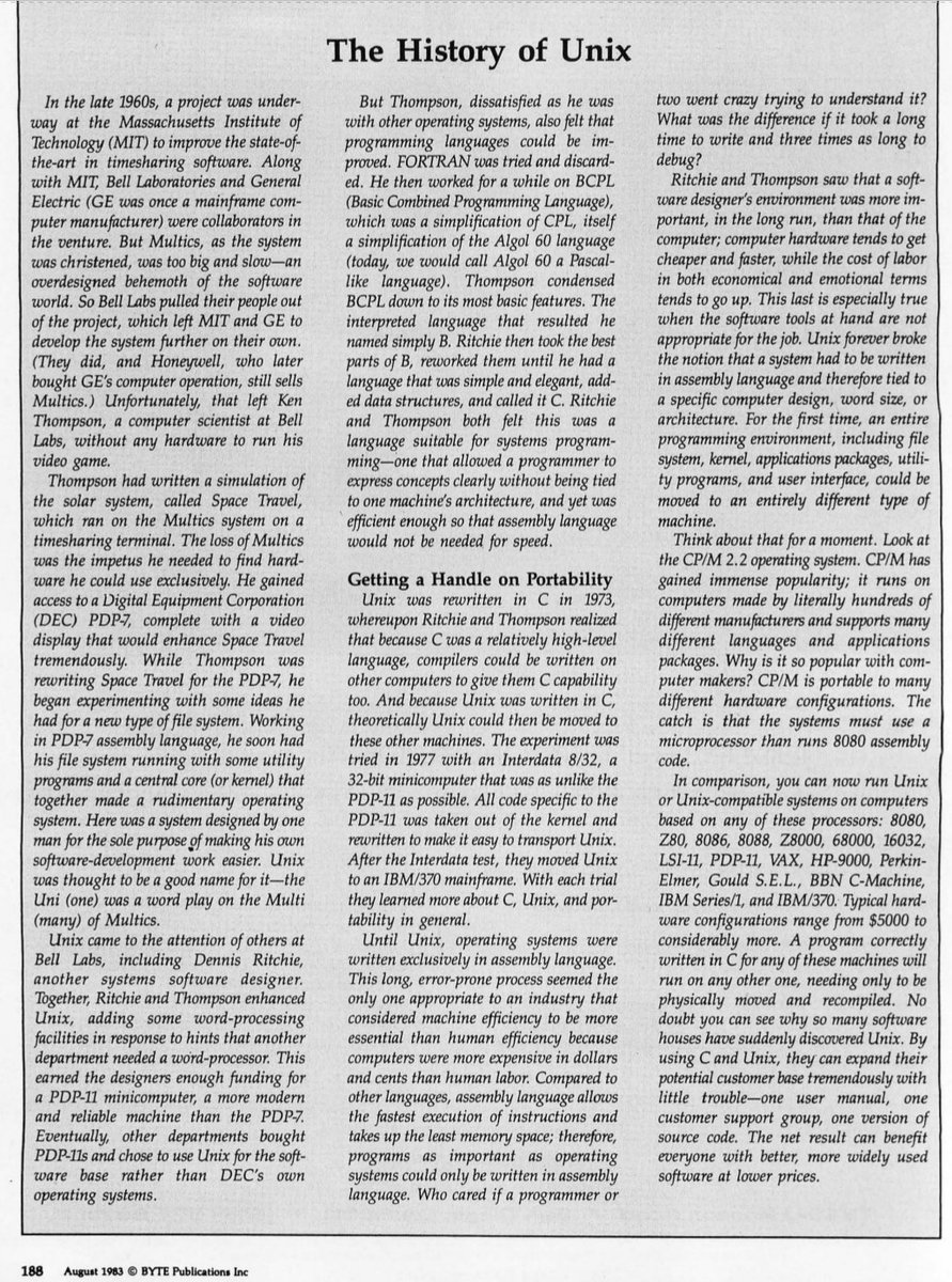 unix_byte's tweet image. In 1983, Unix was already recognised for its elegance and portability. However, at the time, Unix&apos;s use was primarily academic and institutional; the broader open-source movement, including Linux and FreeBSD, was still years away. The August 1983 issue of BYTE was a special…