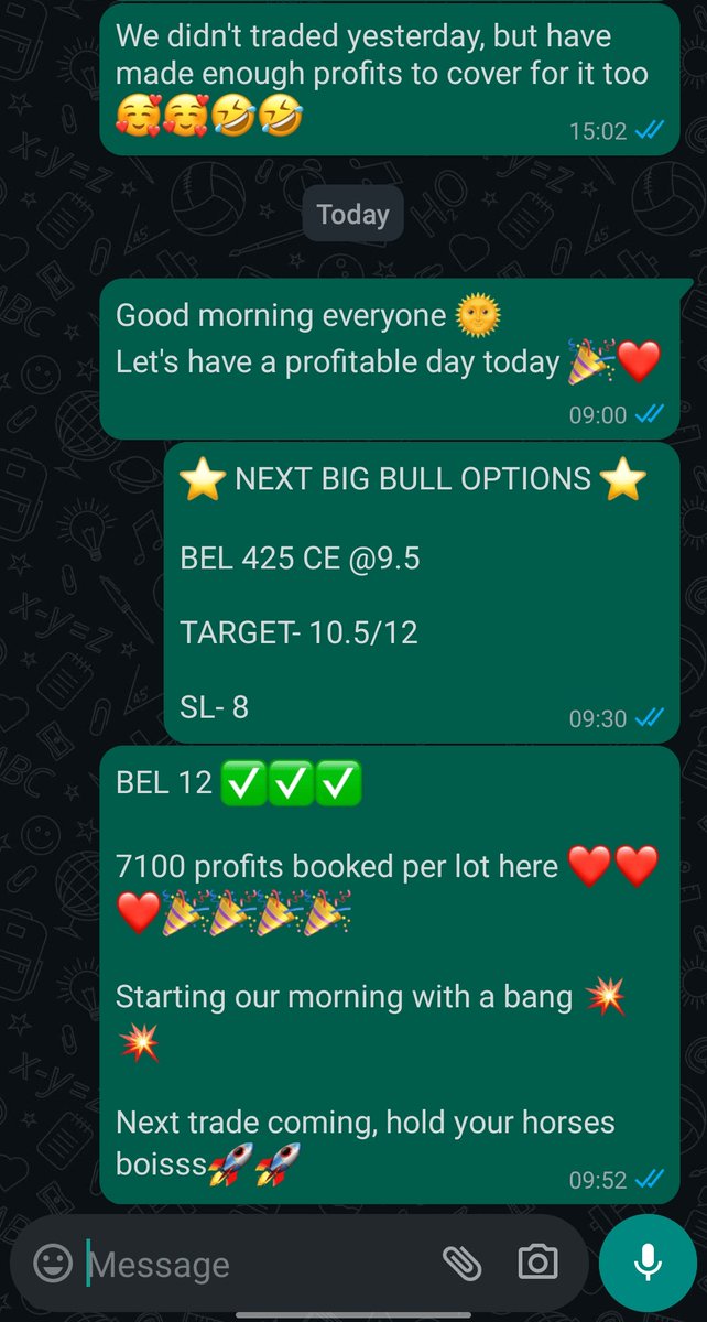 Kaps1sharma's tweet photo. #BEL free trade given to in my telegram group 
🔸And traded this with my members also.
🔸My boys booked 7000 from BEL ❤️
🔸 Gave an early and sniper entry for them 🎯 
🔸 Next trade coming, if you don't wanna miss join here 👇 
https://t.co/pqhxECQ6Qi

#nifty #banknifty #IREDA https://t.co/aCrUveXFFx