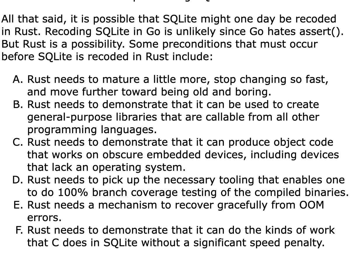 iavins's tweet image. SQLite has a page where they explain why they use C. They specifically elaborate on why not Rust