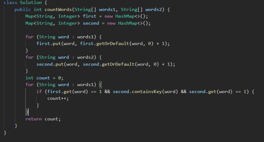 cha84587's tweet image. 🧩 Leet Code 2085 - Count Common words with One Occurrence
  
Practice:  Array, Hash Table 
Time Complexity: O(n)   

#LeetCode #Java #Coding #100DaysOfCode #Array #HashMap