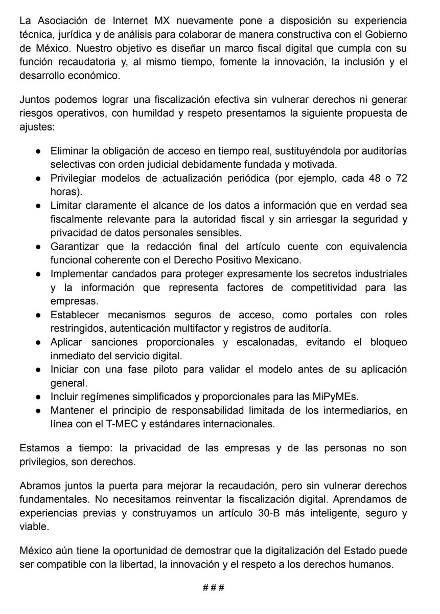 Asociación de Internet MX advierte sobre graves efectos nocivos del Artículo 30-B del Código Fiscal de la Federación: Amenaza la ciberseguridad, atenta contra la privacidad y vulnera derechos y garantías, tanto de empresas como de ciudadanos
Inbox

En este link esta el