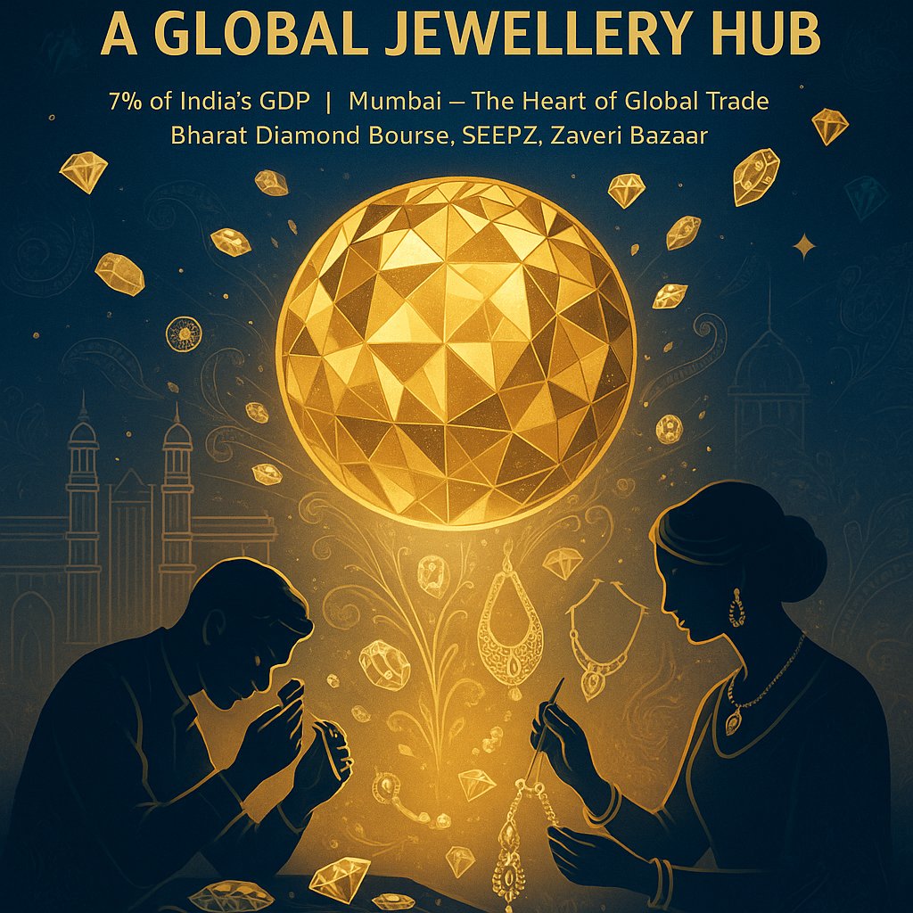 MAITRI (@maitri_ifc) on Twitter photo Maharashtra’s Strength: A Global Jewellery Hub
Maharashtra’s gems and jewellery ecosystem is formidable — contributing 7% to India’s GDP, anchored by Mumbai’s world-class trading hubs: Bharat Diamond Bourse, SEEPZ, and Zaveri Bazaar. This policy recognises an existing strength Maharashtra’s Strength: A Global Jewellery Hub
Maharashtra’s gems and jewellery ecosystem is formidable — contributing 7% to India’s GDP, anchored by Mumbai’s world-class trading hubs: Bharat Diamond Bourse, SEEPZ, and Zaveri Bazaar. This policy recognises an existing strength