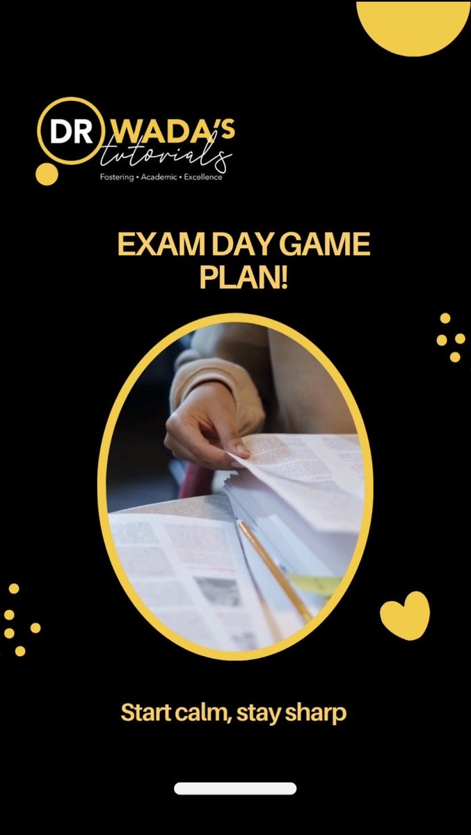 DrWada_tutorial's tweet image. I Exam Day Game Plan 🎯
• Arrive early, stay calm.
• Eat slow energy (oats, brown bread).
• Pack essentials: pens, ID, water, snack.
• Avoid panickers — protect your peace!
• Breathe before you begin.
Start strong, finish stronger. #ExamTips #MindsetMatters #drwadatutorials