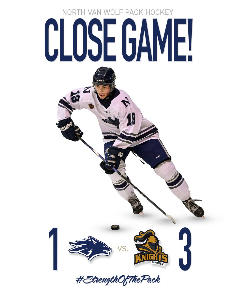 The Wolf Pack made a valiant effort, but came up just shy against the Knights out in Surrey tonight. Marcus Taylor had another strong outing, stopping 35 of 38, and Ryan Tse kept the #tsetrain rolling with his 10th of the season, assisted by Mack Souter. 

#StrengthOfThePack
