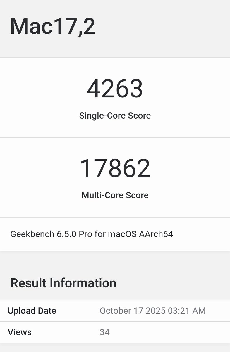 TECHINFOSOCIALS's tweet image. iPad Pro M5 (10c Version) vs Macbook Pro M5
iPad Pro M5 is clocked at 4.43GHz
MacBook Pro M5 is clocked at 4.61GHz P Core Clock speeds
iPad Pro: 4.1K ST & 16.3K MT
MacBook Pro: 4.2K ST & 17.8K MT
Waiting to have a look at the Power Consumption Graph.....