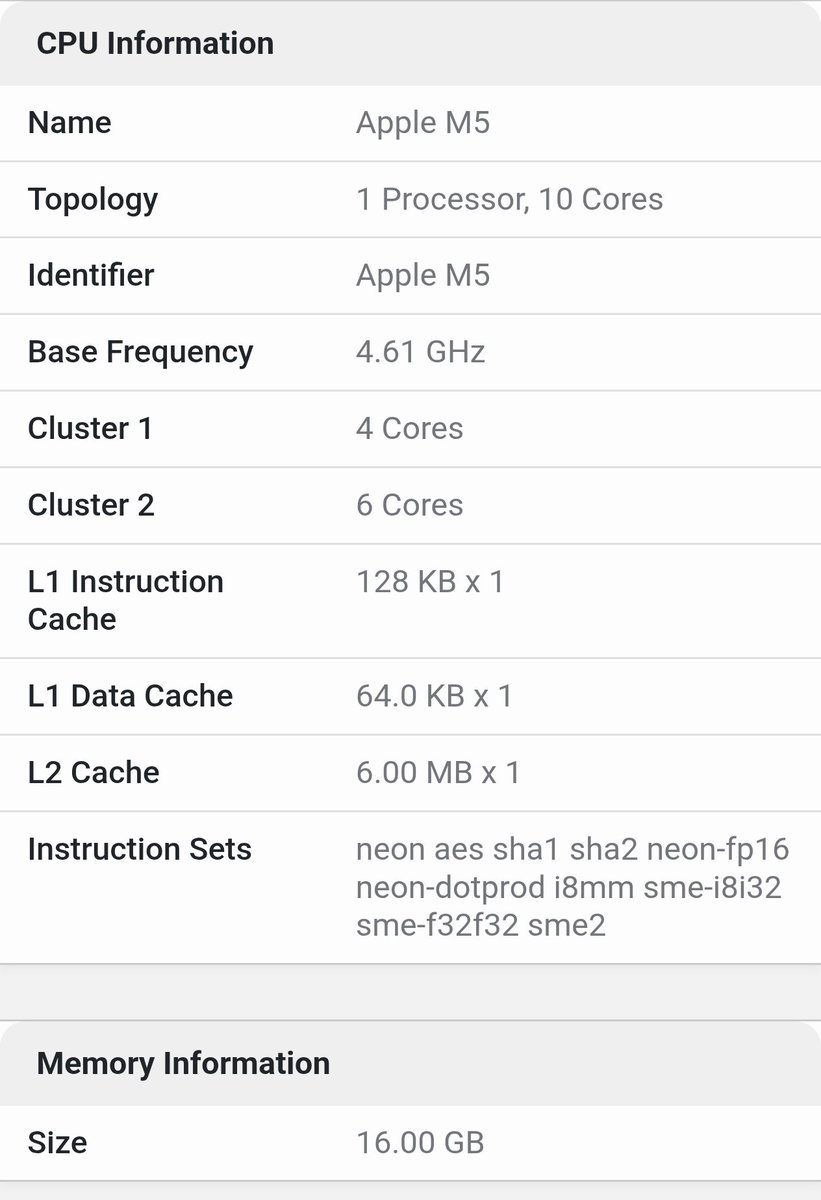 TECHINFOSOCIALS's tweet image. iPad Pro M5 (10c Version) vs Macbook Pro M5
iPad Pro M5 is clocked at 4.43GHz
MacBook Pro M5 is clocked at 4.61GHz P Core Clock speeds
iPad Pro: 4.1K ST & 16.3K MT
MacBook Pro: 4.2K ST & 17.8K MT
Waiting to have a look at the Power Consumption Graph.....