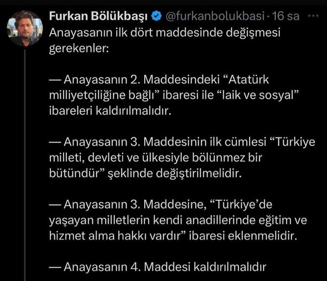 "Anayasanın ilk dört maddesi değiştirilemez, değiştirilmesi teklif dahi edilemez!"
➡️ Bu ifadeleri dile getirenler açıkça suç işliyor!
Bu sadece fikir değil
ANAYASA SUÇU!
➡️ Atatürk’ün mirasına ve Cumhuriyet’in temeline saldırıdır❗️❗️
#SONDAKİKA