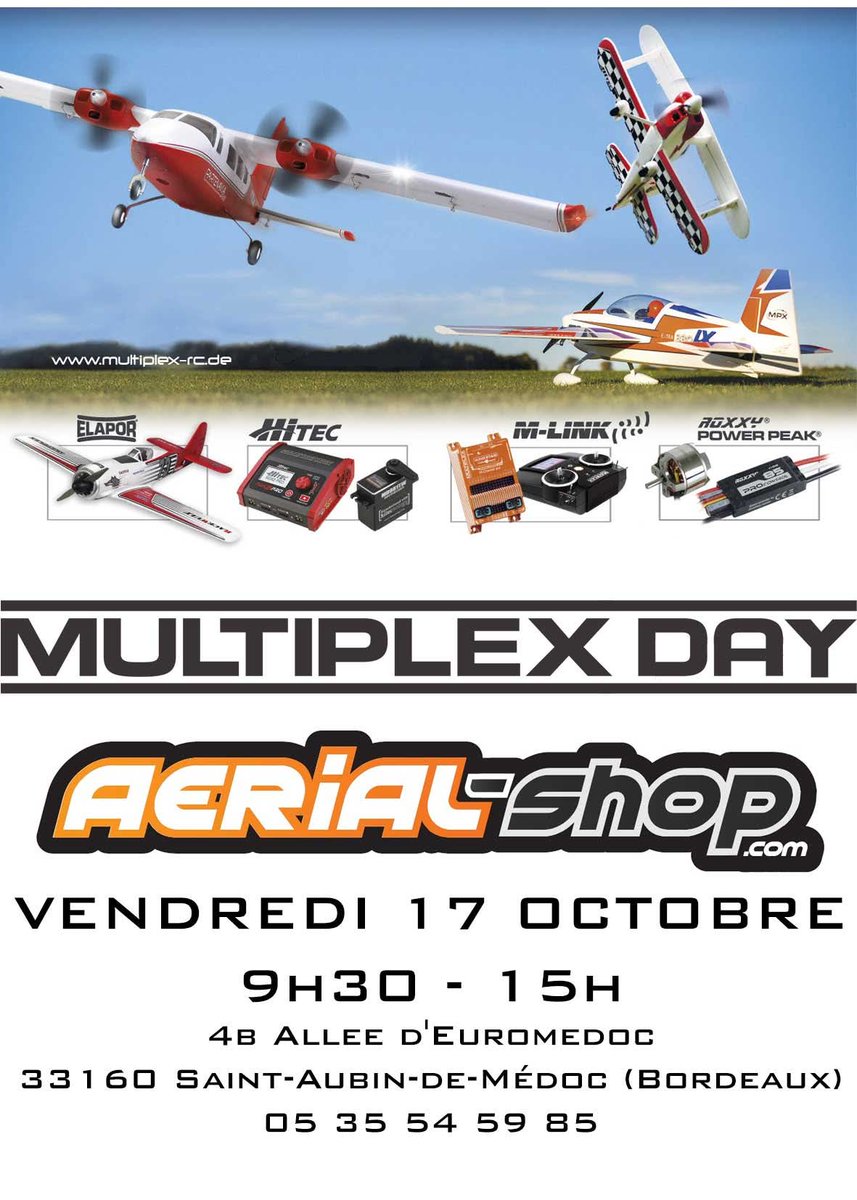 Le Multiplex day, c est aujourd'hui chez aerial-shop Venez découvrir les produits de la marque Multiplex  ainsi que le produits Hitec. C'est le moment de voir du matériel (avions, servos, radios, chargeurs, batteries, accessoires),  de poser toutes vos questions autour d'un café