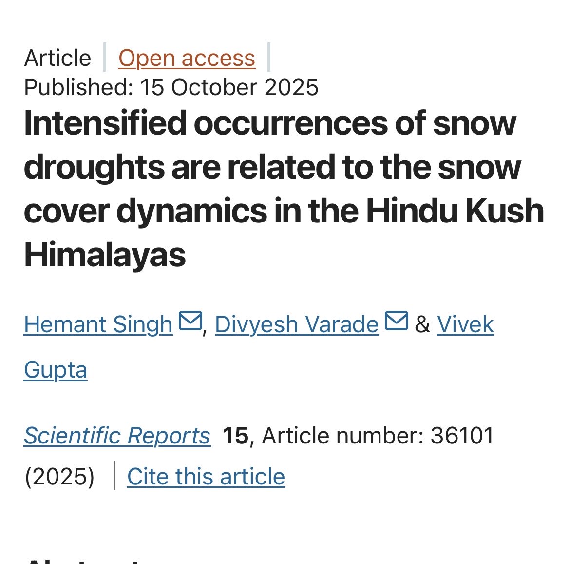 Cryohem's tweet photo. I’m pleased to share my research paper has been published in @NaturePortfolio @SciReports on “ Intensified occurrences of snow droughts are related to the snow cover dynamics in the Hindu Kush Himalayas”.  https://t.co/GTcs6TxBCX
@IITJammu https://t.co/ZCShfHR8k2