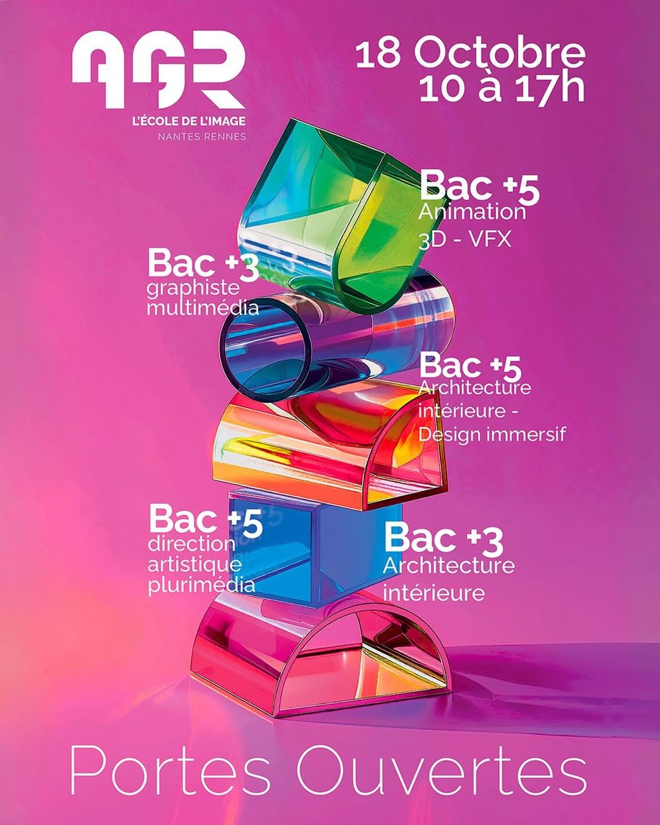 Portes ouvertes ce samedi 18/10 de 10h à 17h à <a href="/agrecoleimage/">AGR ÉCOLE DE L'IMAGE</a> #Rennes et #Nantes

Venez nous rencontrer et parler métiers :
- Graphisme - Bac +3 
- Direction Artistique - Bac +5
- Animation 3D / VFX - Bac + 5
- Architecture intérieure / Design immersif - Bac + 5