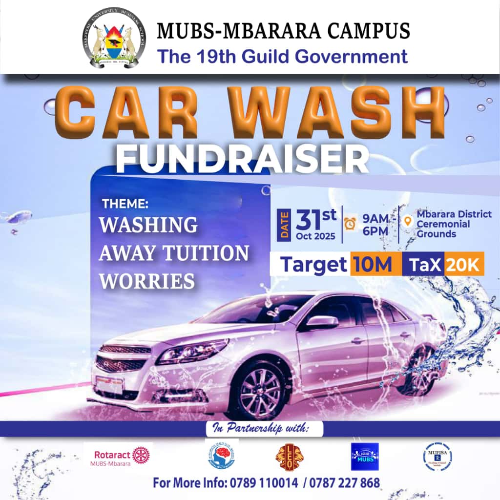 MUBSMbraNews's tweet photo. Washing away tuition worries!

 🧼 The MUBS-Mbarara Campus 19th Guild Government is hosting a Car Wash Fundraiser on October 31st, 2025!

​Get your car sparkling clean for just UGX 20K and help us hit our 10 Million target to support students.
​
📍kamukuzi [9am-6pm]
@ProfMuhwezi https://t.co/odmB42xLv9