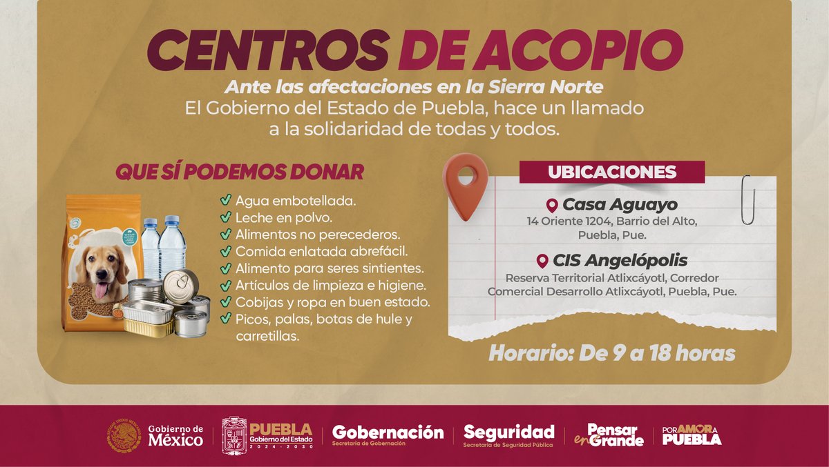 ⛰️La Sierra Norte de Puebla nos necesita: las afectaciones por las lluvias son graves y miles de familias perdieron todo.
¿Qué podemos donar? Agua, alimentos no perecederos, artículos de higiene, ropa y cobijas en buen estado, y herramientas de limpieza
📍Ubicaciones de Centros