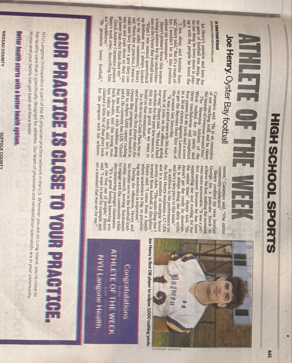 Joe_Henry12's tweet photo. Honored to be recognized as Newsday’s Athlete of the Week. I’m grateful for the opportunity and for everyone who’s supported me along the way including my teammates, coaches, and family. @NewsdayHSsports @GeorgeHenry_6 @CoachDrew_OBEN https://t.co/v0aAibv9YB