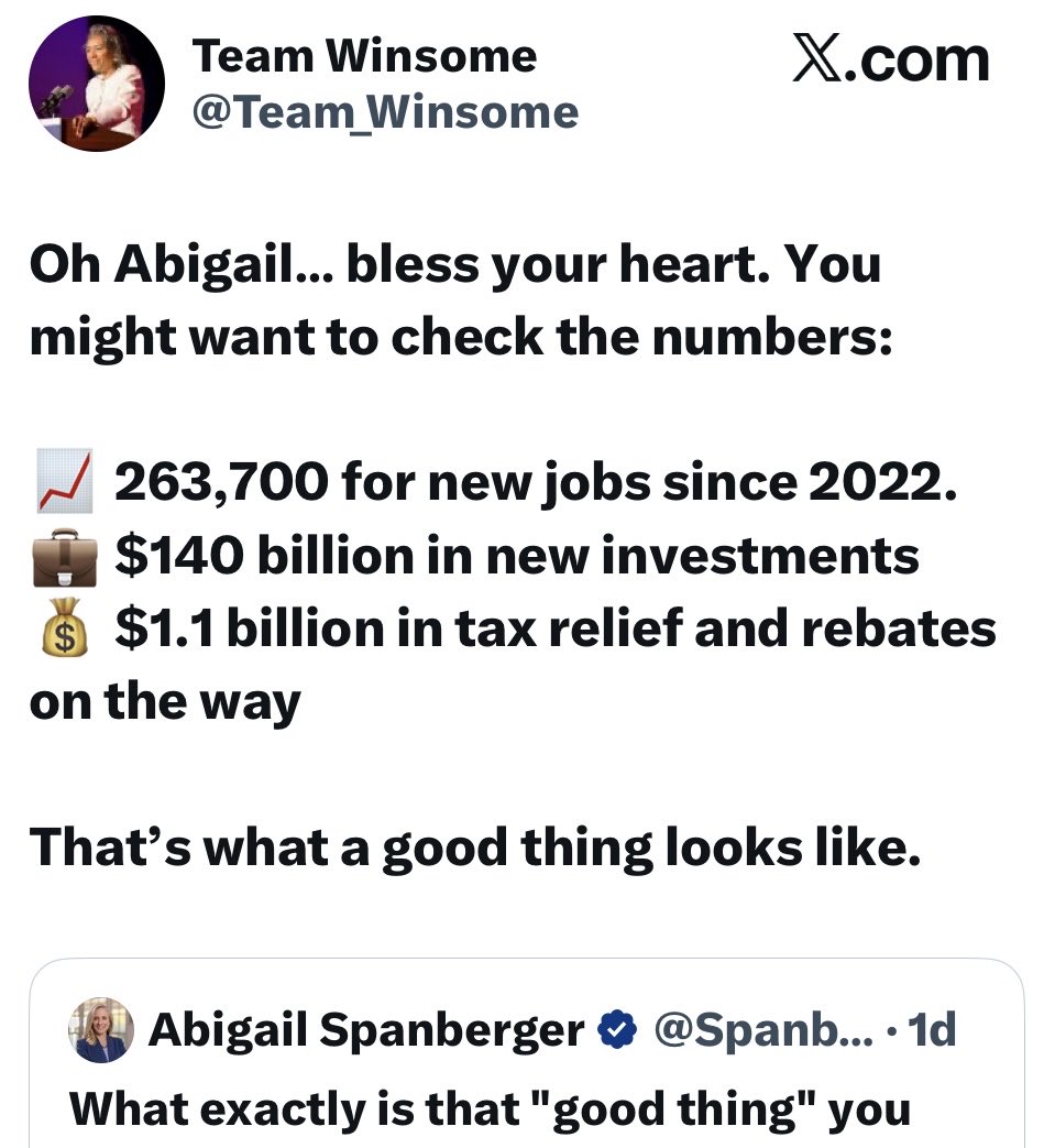 <a href="/SpanbergerForVA/">Abigail Spanberger</a> The difference between Winsome Sears and Spanberger is that Abby says I'll do it and Sears has ALREADY DONE it. Sears has record breaking successes and accomplishments! 

Spanberger is all talk and no do. 

She broke her campaign promises in congress. She's a great liar
