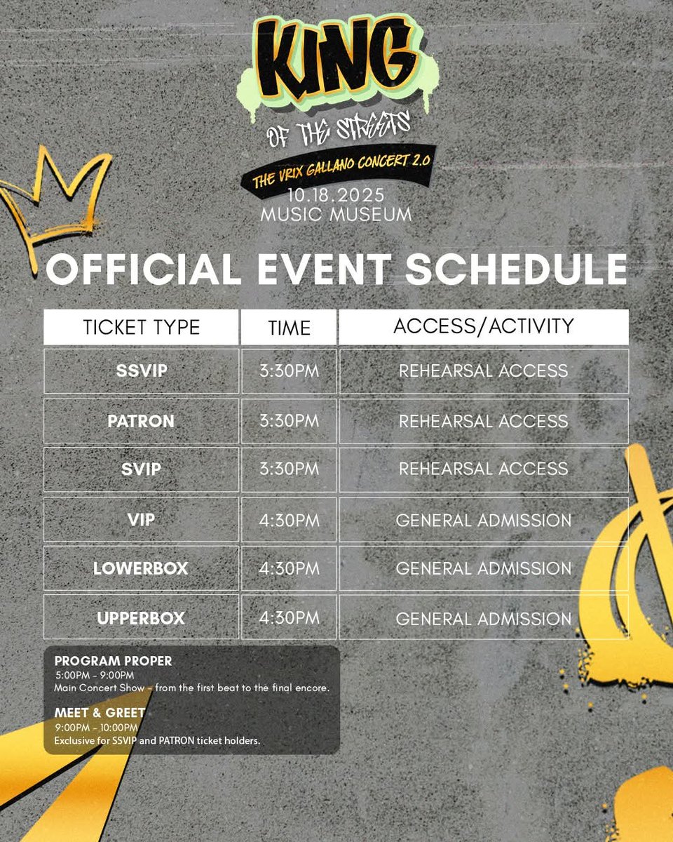 D-1 | KING OF THE STREETS : THE VRIX GALLANO CONCERT 2.0 

Our Official Event Schedule is here.

WHEN : October 18, 2025
WHERE : Music Museum, Greenhills San Juan City

SEE YAHH, VRIXXIE 🖤

#KingOfTheStreets #VrixGallanoConcertPart2 #KingVrix #kots