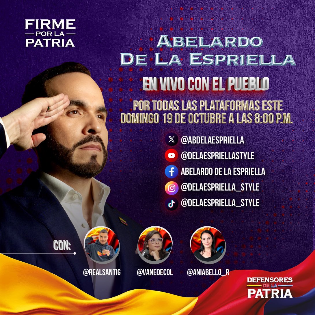 🚨🇨🇴ATENCIÓN. <a href="/ABDELAESPRIELLA/">Abelardo De La Espriella</a> Abelardo De La Espriella estará “En Vivo con el Pueblo” este domingo 19 de octubre 8:00PM

De La Espriella estará acompañado por reconocidos invitados que comparten su visión de país: <a href="/realsantig/">Santiago Giraldo</a>, La GRAN @vanedecol y @aniabello_r, todos
