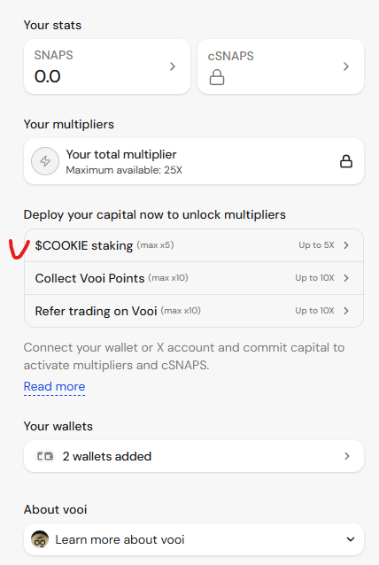 저도 <a href="/cookiedotfun/">Cookie DAO 🍪</a> 에 온보딩 되는 프로젝트들을 잘 살펴봐야겠어요. 

워낙 Kaito쪽 유명한 프로젝트들은 리더보드 안으로 들어가는게 쉽지 않다보니, 상대적으로 덜 경쟁이 치열한 프로젝트로 넘어가야겠다는 생각이 듭니다.

먼저 <a href="/vooi_io/">vooi</a> 인데요. 전체 토큰의 1.92%를 뿌리고 있네요. 그러면