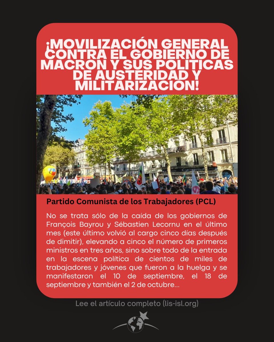 #Francia / ¡Movilización general contra el gobierno de Macron y sus políticas de austeridad y militarización! 
lis-isl.org/es/2025/10/mov…