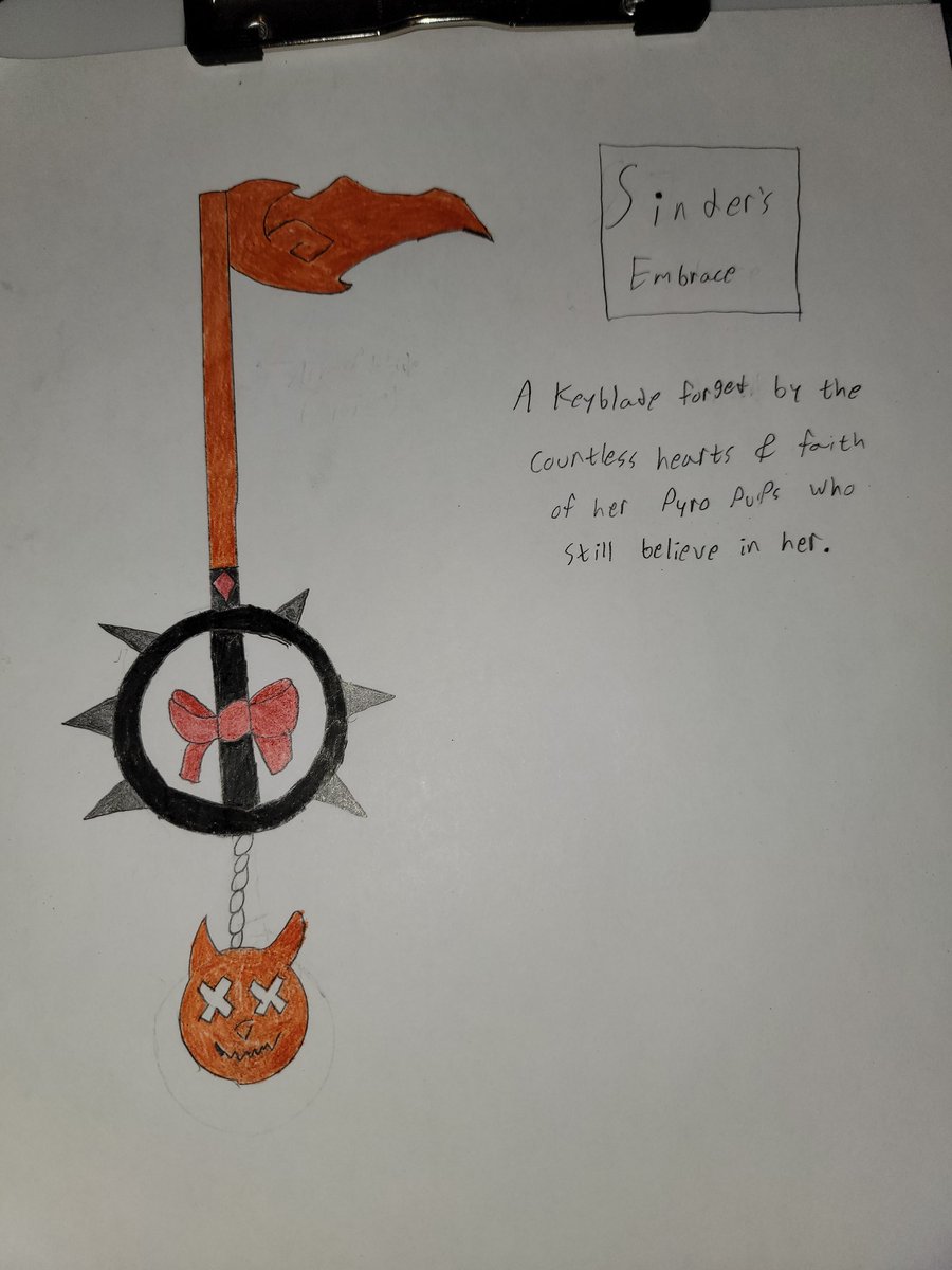 Oblivion3435 (@oblivion3435) on Twitter photo Even though it's not really a drawing of Sinder. It is related to her. When <a href="/Keyblade_Terra/">KeybladeTerra</a> released his Ashes and Echos song it gave me the inspiration I needed to draw a custom Keybalde for Sinder. That I proudly call "Sinder's Embrace".
#sinderdoodle Even though it's not really a drawing of Sinder. It is related to her. When <a href="/Keyblade_Terra/">KeybladeTerra</a> released his Ashes and Echos song it gave me the inspiration I needed to draw a custom Keybalde for Sinder. That I proudly call "Sinder's Embrace".
#sinderdoodle