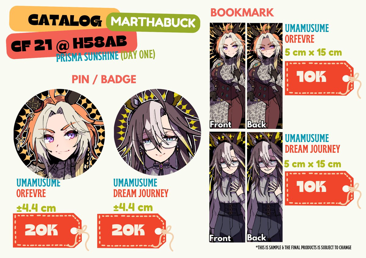 ‼️CF21 Catalog &amp; Pre-Order OPEN‼️ (ID ONLY)
Mohon RT &amp; Likes-nya🙏

🟡Booth: Prisma Sunshine | H-58ab
🗓️Day ONE only
👉Deadline: 17 Oktober - 23 Oktober
⭐Xenoblade, Umamusume, Yuri Ori

#CF21 #CFXXI #comifuro #cf21catalogue #CFXXICatalogue 

Form PO:
docs.google.com/forms/d/e/1FAI…