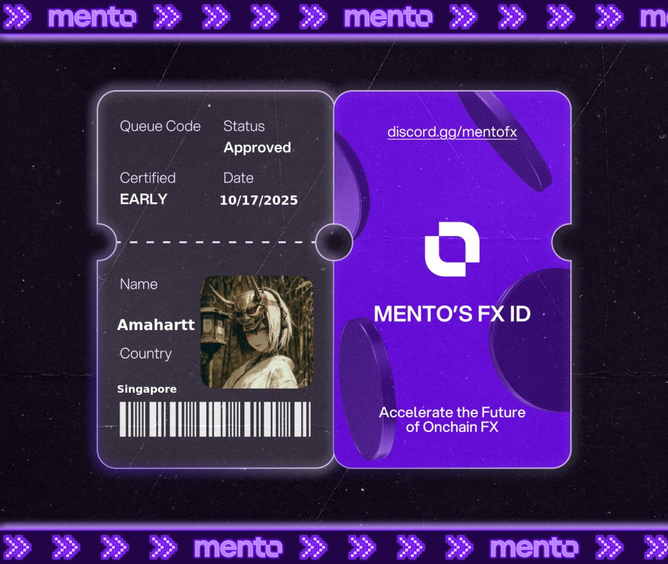 $7.5T moves daily in TradFi FX. 

Now it moves onchain with <a href="/MentoLabs/">Mento (fx/acc)</a>, and I’m part of it.

Claimed my FX ID.

Claimed my FX ID. You? 

 →  discord.gg/2yaYyxsH