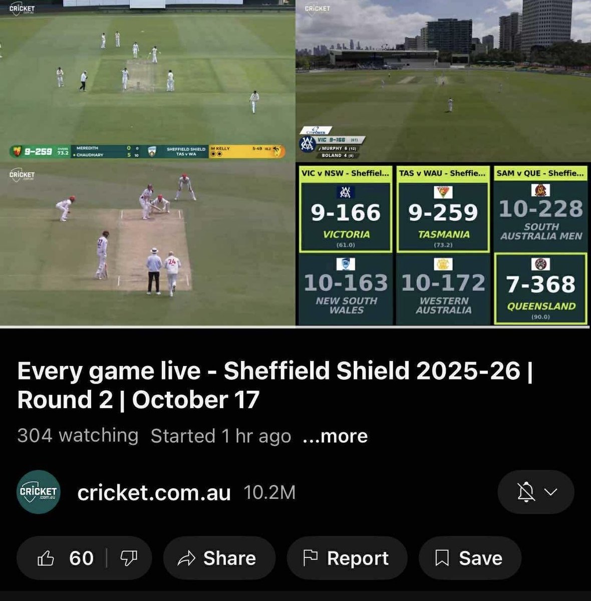 Whichever genius at CA understood that the target market of the Sheffield Shield are sickos watching at work and therefore need minimal tab-flipping and maximum domestic cricket at once, bravo. Give them the fucken Order of Australia.